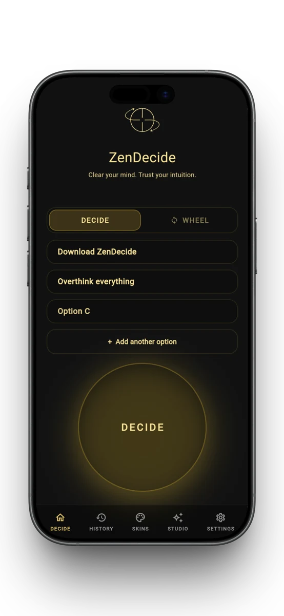 ZenDecide main screen with decision wheel