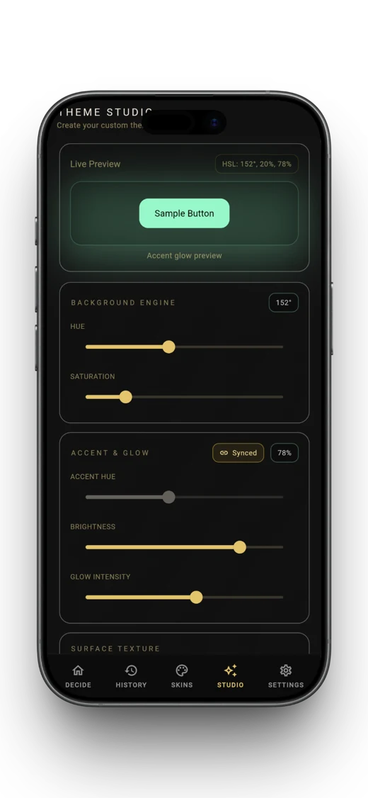 ZenDecide theme studio screenshot